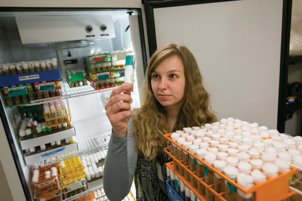 Courtney Fiebelman is conducting research about Alzheimer's disease through sleep patterns by studying fruit flies on Wednesday April 29, 2015.     Sam O'Keefe/Missouri S&T