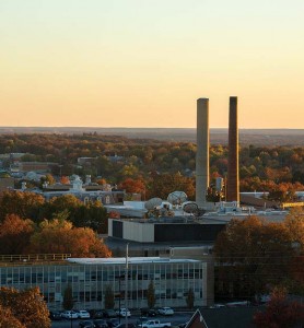 Skyline view at sunset of buildings and fall foliage on the Missouri S&amp;T campus and Rolla.