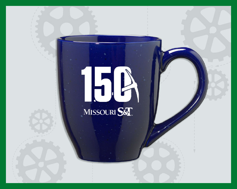 Blue mug with black speckles and 150 Missouri S&T printed in white on mug.