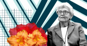 Cut-out of June Kummer portrait in black and white with daylilly overlays, background lines abstractly representing architecture