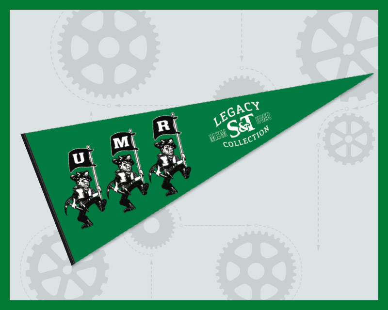 Green wool pennant with illustrated Joe Miners holding flags that read UMR. Legacy logo to the fight of Joe Miners.